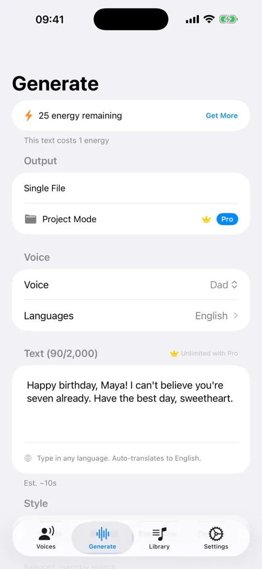 The Generate screen with a voice selected and a line of text typed in.