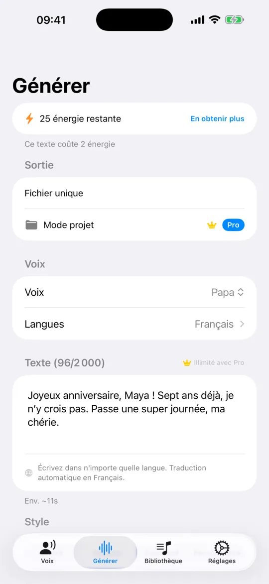 L'écran Générer avec une voix choisie et une phrase saisie.
