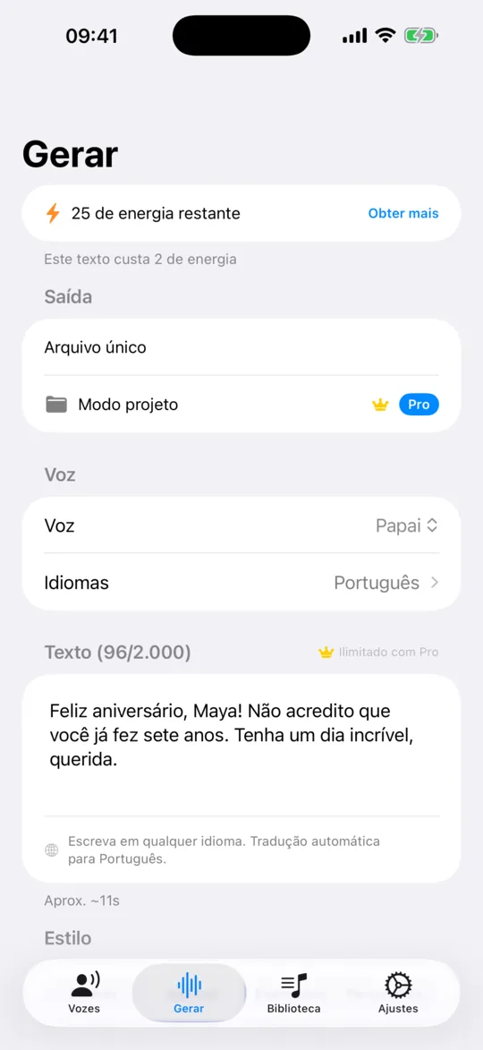 O ecrã Gerar com uma voz selecionada e uma frase já escrita.