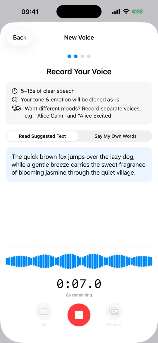 The New Voice screen recording a short sample, with a live waveform and a timer.