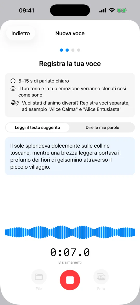 La schermata Nuova voce mentre registra un breve campione, con una forma d'onda in tempo reale e un timer.
