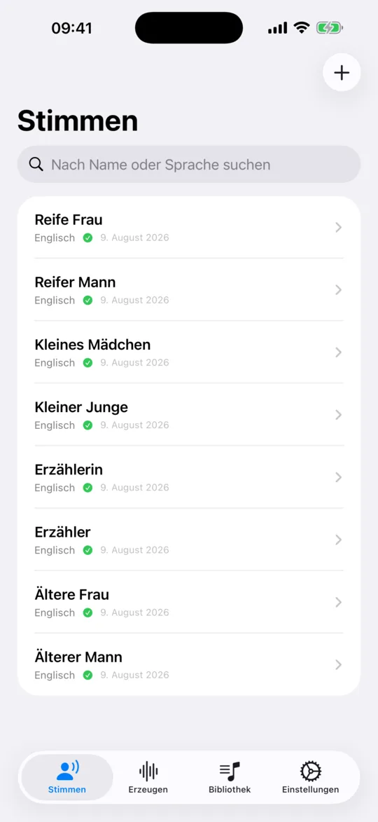 Der Tab „Stimmen“ mit gespeicherten und integrierten Start-Stimmen samt ihren Sprachen.