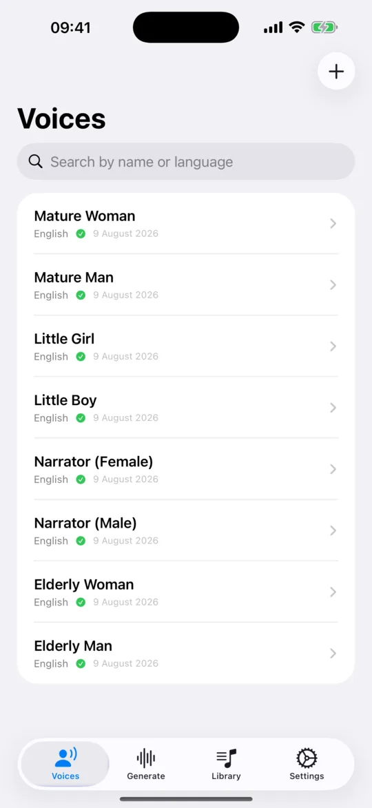 The Voices tab listing saved and built-in voices with their languages.
