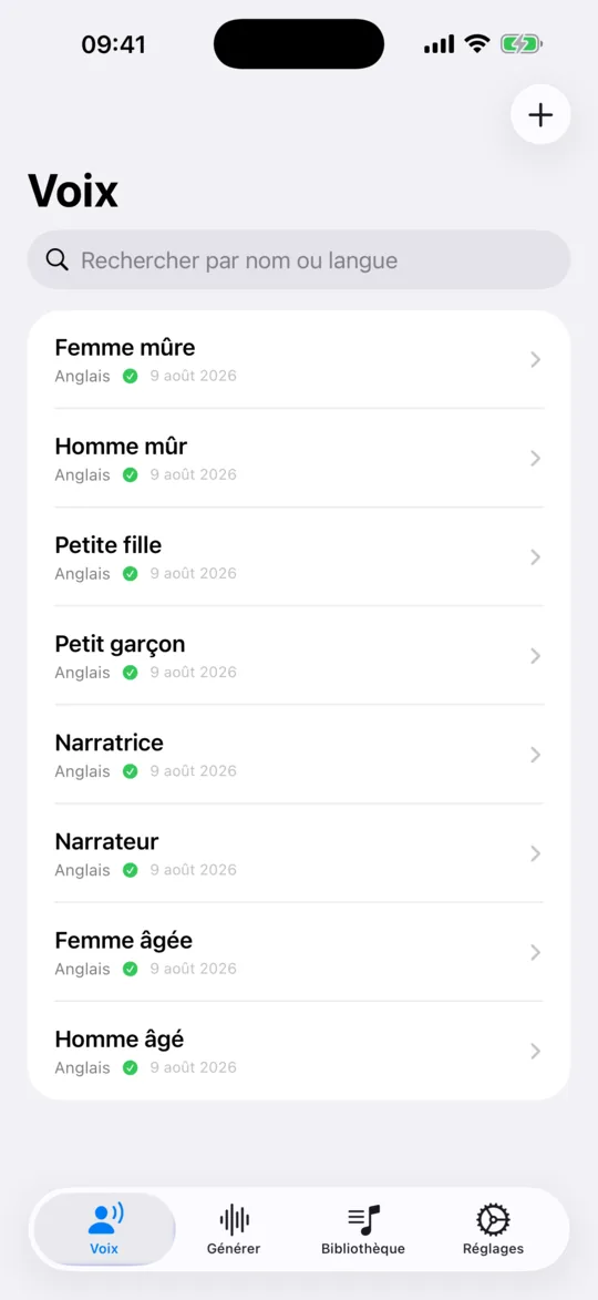 L'onglet Voix, qui liste les voix enregistrées et les voix incluses, avec leur langue respective.