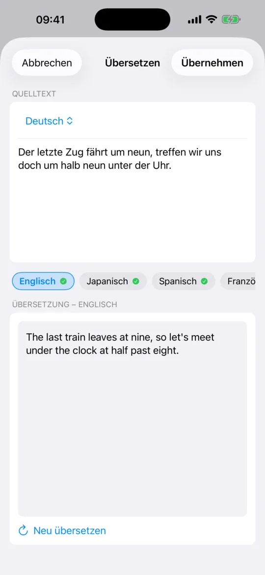 Der Bereich „Übersetzen“ mit dem Ausgangstext über seiner Übersetzung.