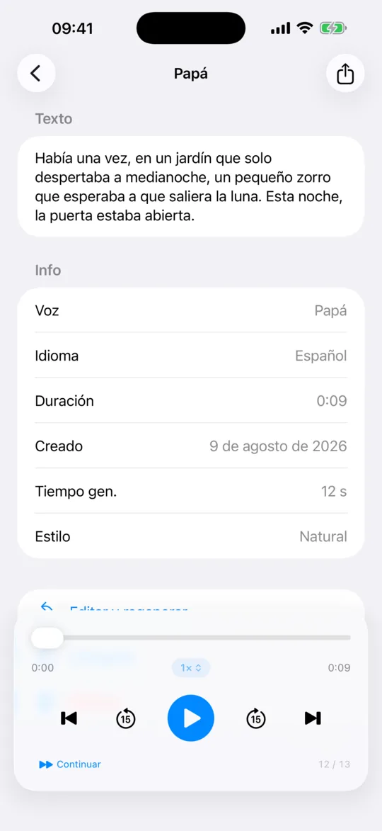 Una generación terminada abierta en la biblioteca, con los controles del reproductor de audio.