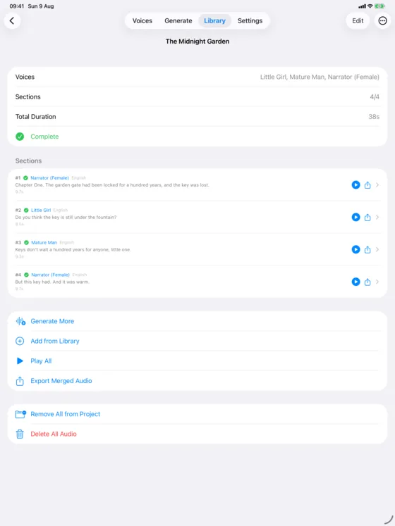 A multi-voice project open on iPad, its sections laid out full width under a top navigation bar.