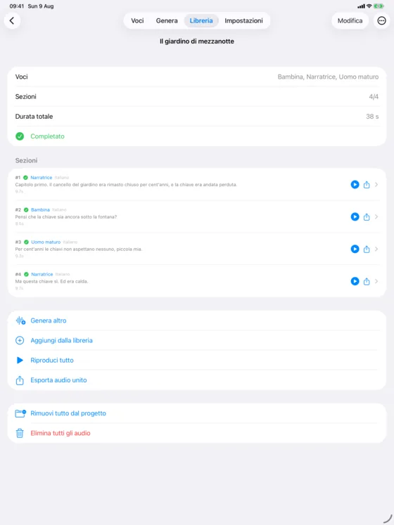 Un progetto a più voci aperto su iPad, con le sezioni disposte a piena larghezza sotto una barra di navigazione superiore.