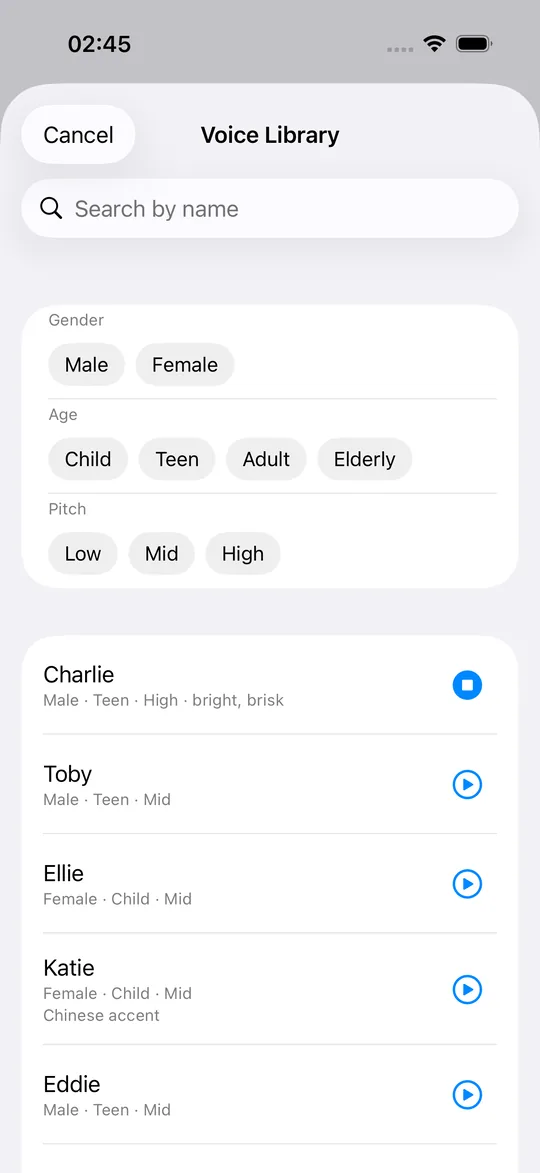 The Voice Library picker in VoiceNPC: a name search, gender, age and pitch filter chips, and a list of voices with a play button on each row, one of them playing.
